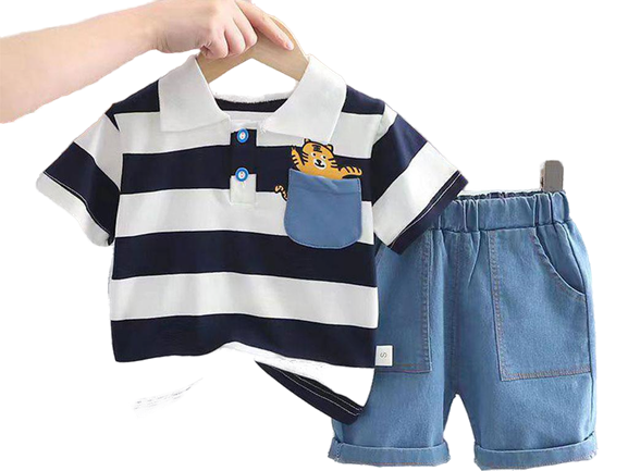 ست پلوشرت و شلوارک جین کمرکش پسرانه