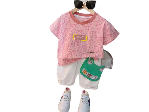 ست تیشرت و شلوارک دخترانه طرح خرگوش همراه با کیف طرح قورباغه