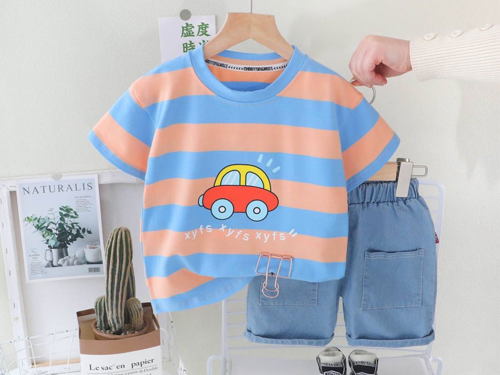 ست تیشرت و شلوارک جین کمرکش پسرانه