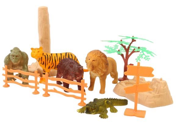 فیگور حیوانات جنگل 8 عددی همراه با درخت، حصار مزرعه و ... دارای ظرف پلاستیکی