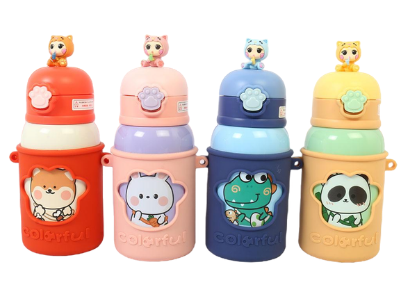 فلاسک استیل نی دار دوکاره کله عروسکی نوزاد و کودک مدل دکمه ای دارای گارد سیلیکونی 500 میلی لیتر