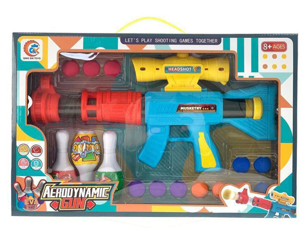 تفنگ بادی اسباب بازی با تیرهای توپی ابری و هدف بولینگ