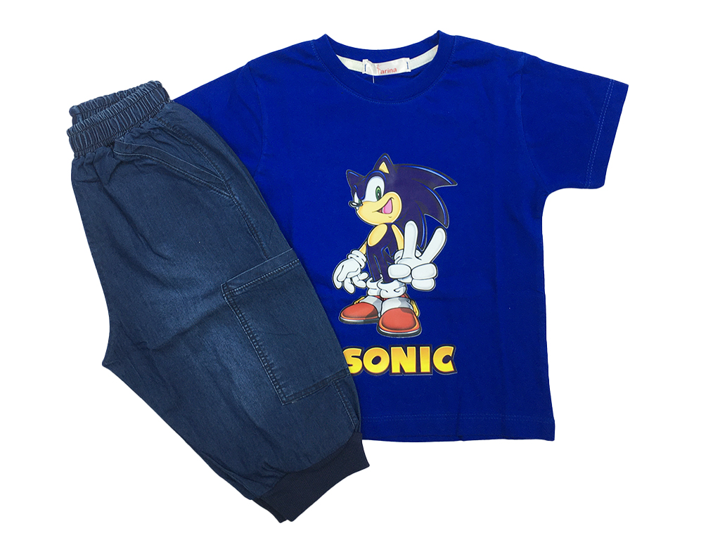 تیشرت و شلوارک جین کمرکش پسرانه طرح سونیک کارینا karina