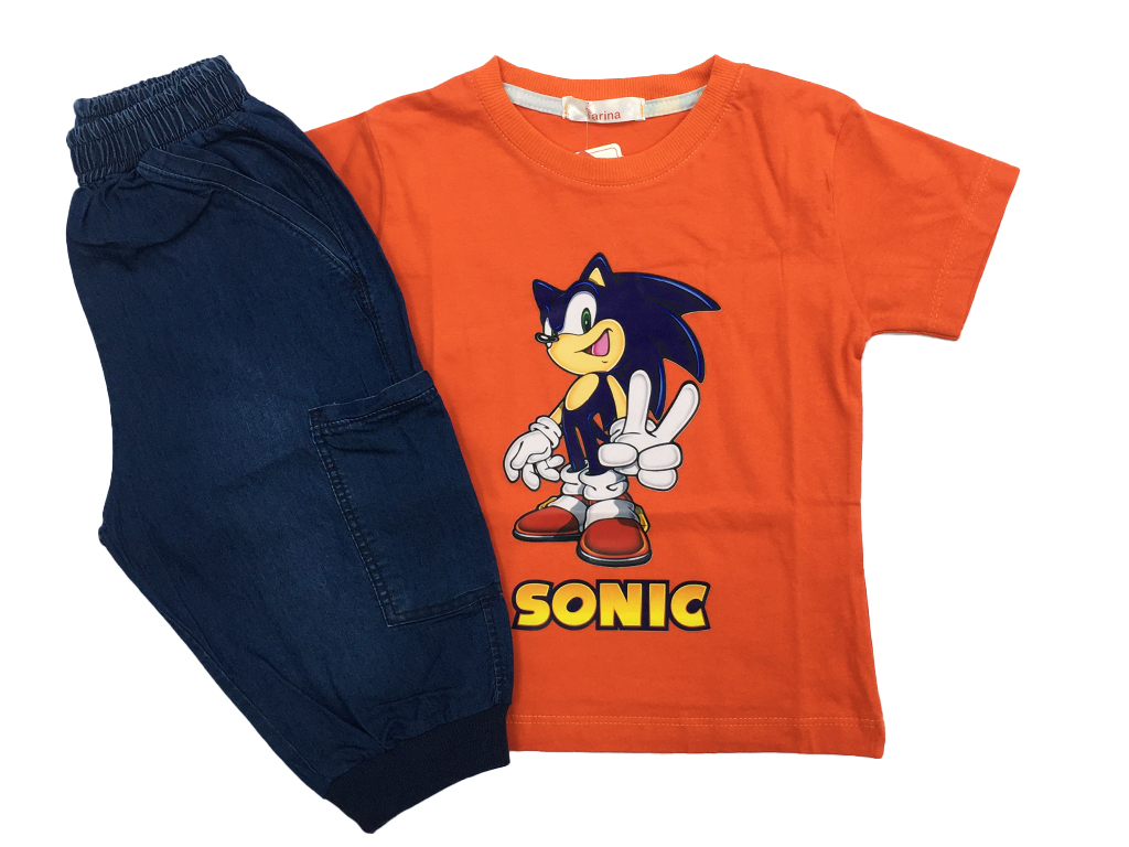 تیشرت و شلوارک جین کمرکش پسرانه طرح سونیک کارینا karina
