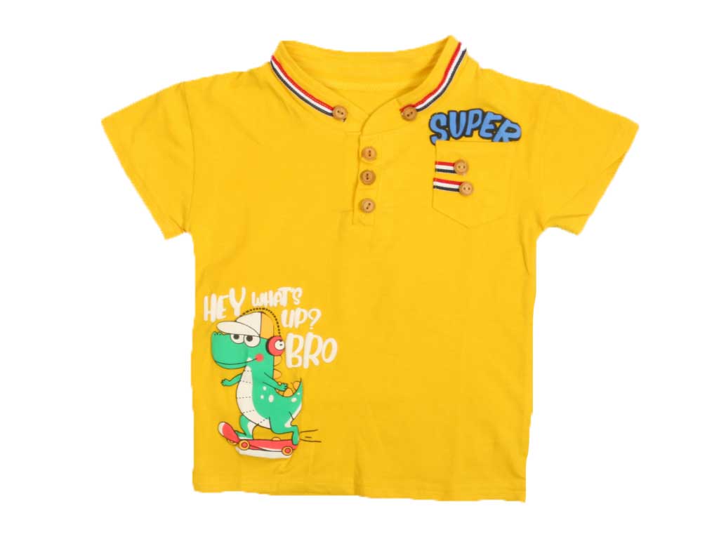 تیشرت پسرانه سه دکمه یقه دیپلمات طرح دایناسور