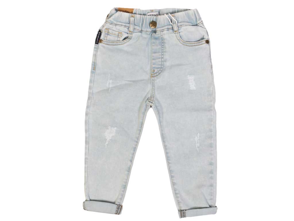 شلوار جین بچه گانه کمرکش مدل مام فیت زاپدار آرمانی ARMANI