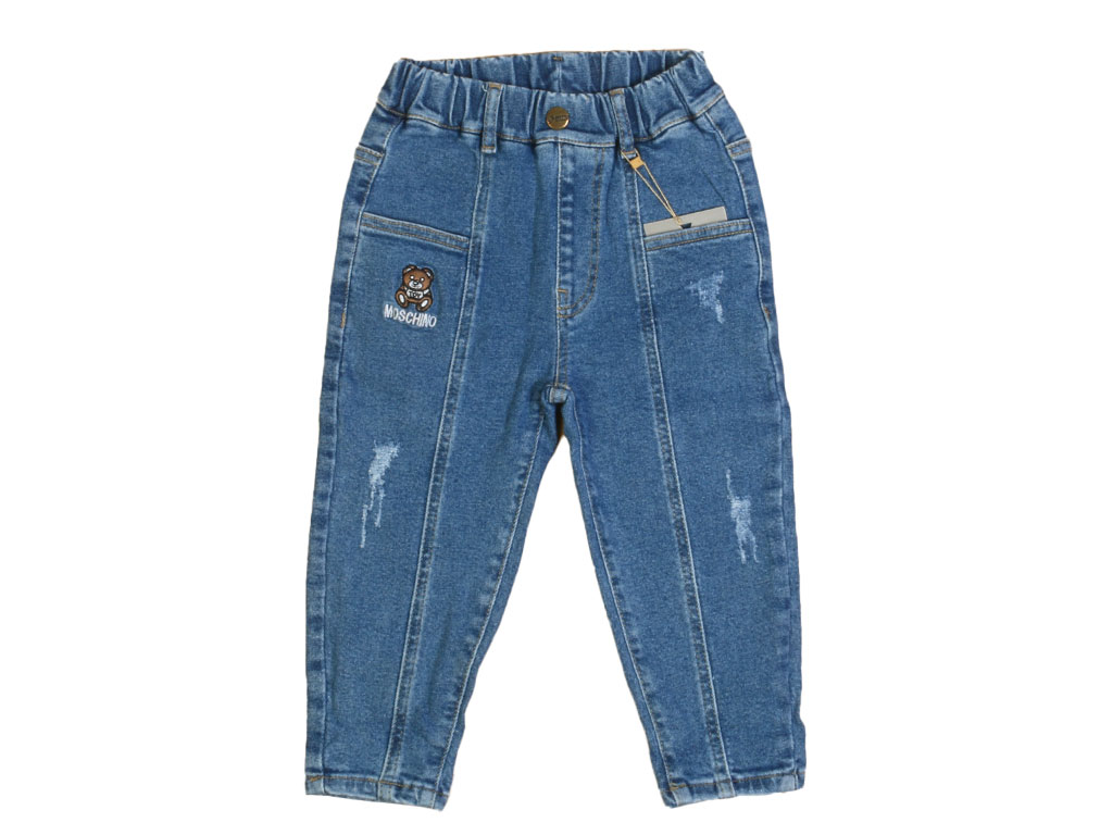 شلوار جین بچه گانه کمرکش مدل مام لش زاپدار طرح ماسچینو MOSCHINO