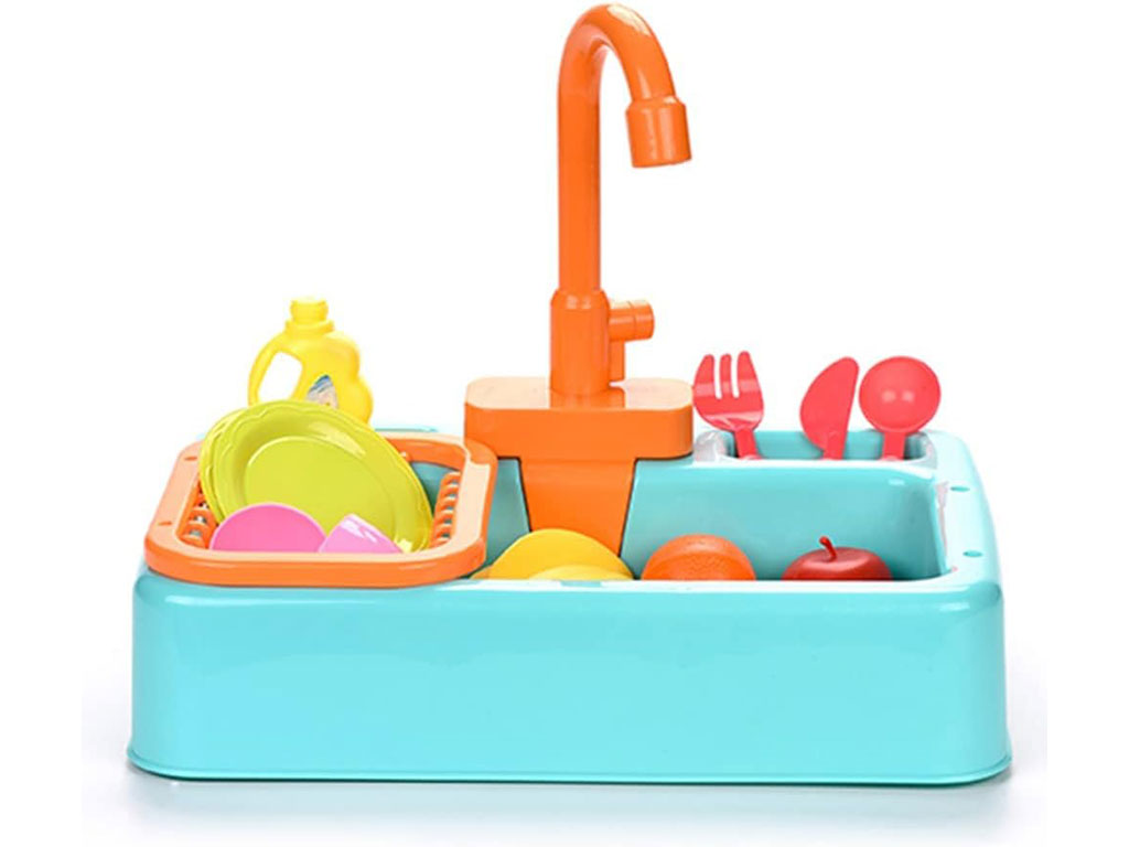 سینک ظرفشویی با شیرآب دارای پمپ همراه با لوازم آشپزخانه اسباب بازی