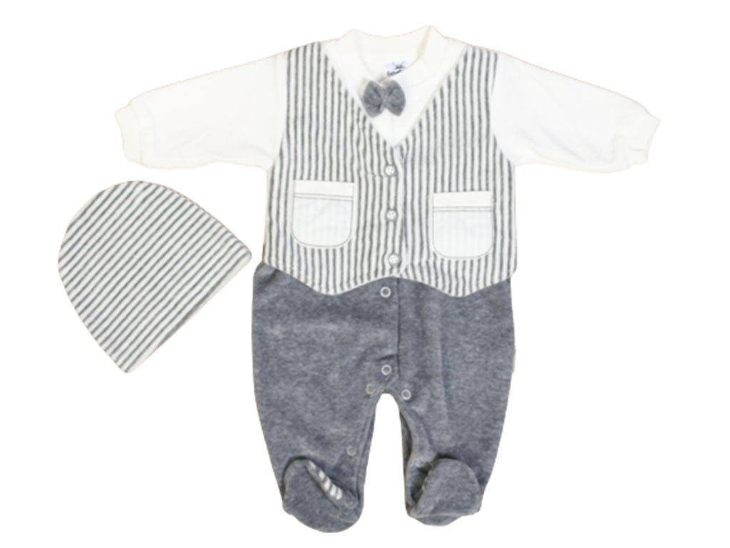 سرهمی جورابدار به همراه کلاه مخمل نوزادی پسرانه بب لینا BEBELINNA