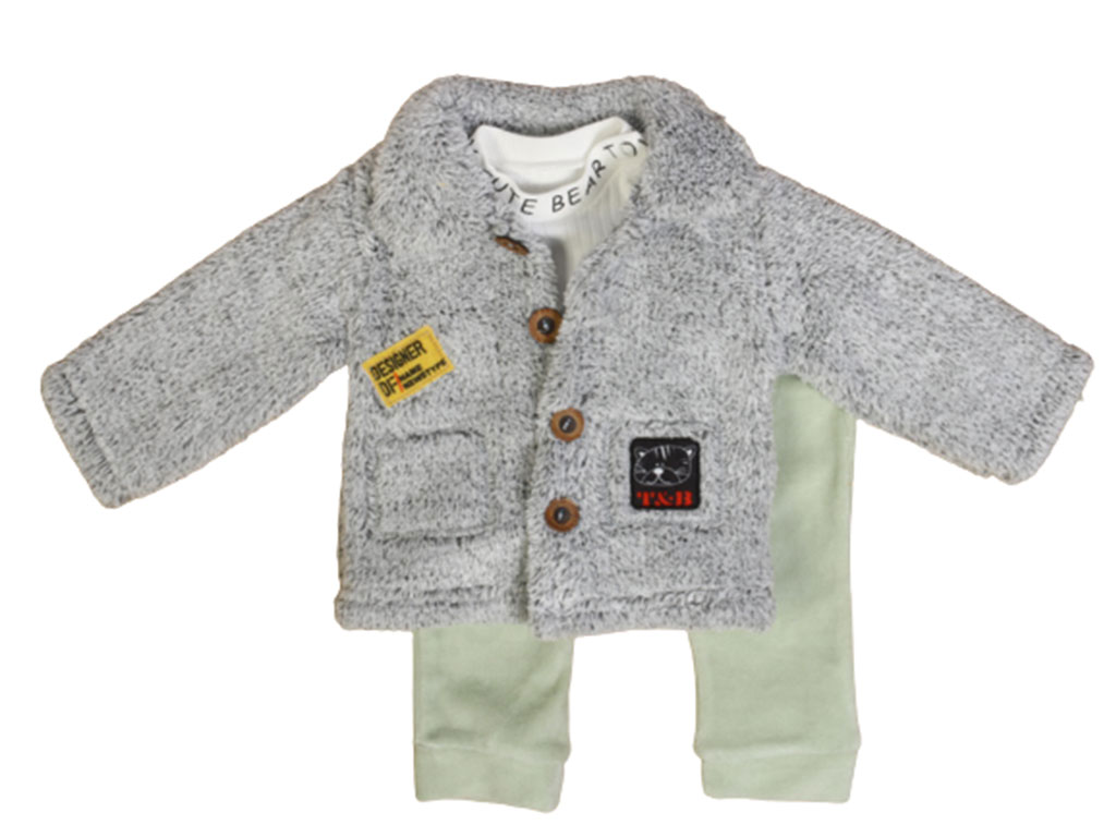 ست سه تکه نوزادی پسرانه دارای کت پولیشی ببه لینک bebelink