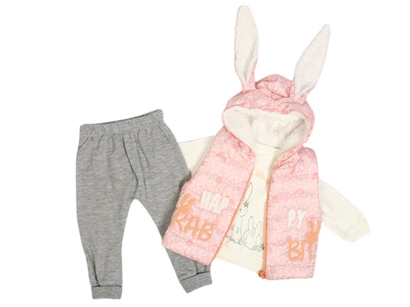 ست سه تکه نوزادی دخترانه دارای پافر کلاهدار طرح برجسته بیبی های BABY HI