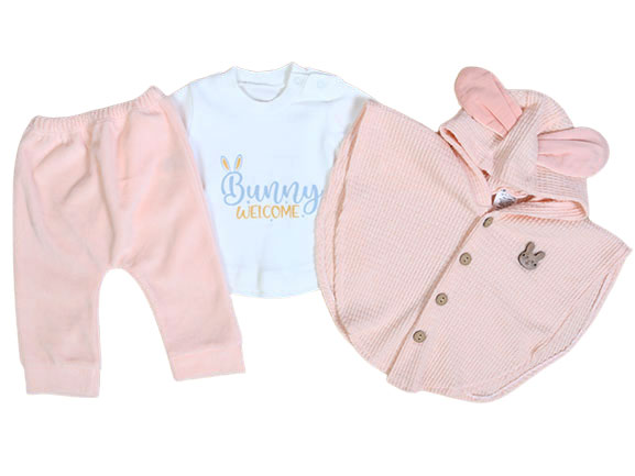 ست سه تکه نوزادی دخترانه دارای شنل کلاهدار ببه لینک BEBELINK