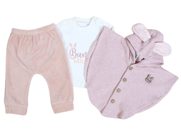 ست سه تکه نوزادی دخترانه دارای شنل کلاهدار ببه لینک BEBELINK