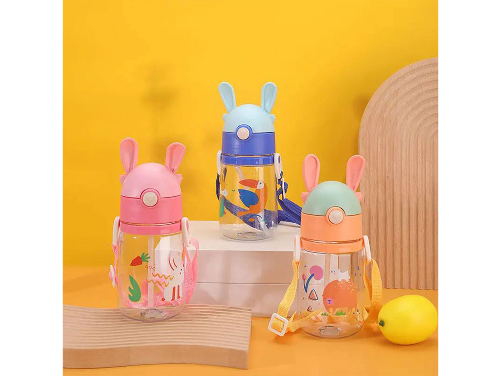 لیوان نی دار و دکمه ای نوزاد و کودک خرگوشی 350 میلی لیتری با بند آویز