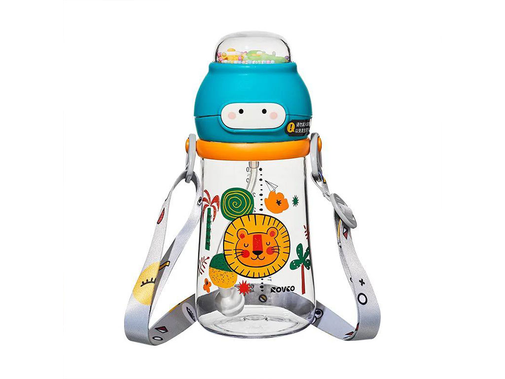 لیوان نی دار و دکمه ای نوزادی آنتی کولیک مدل جغجغه ای 400ml با بند آویز رووکو rovco