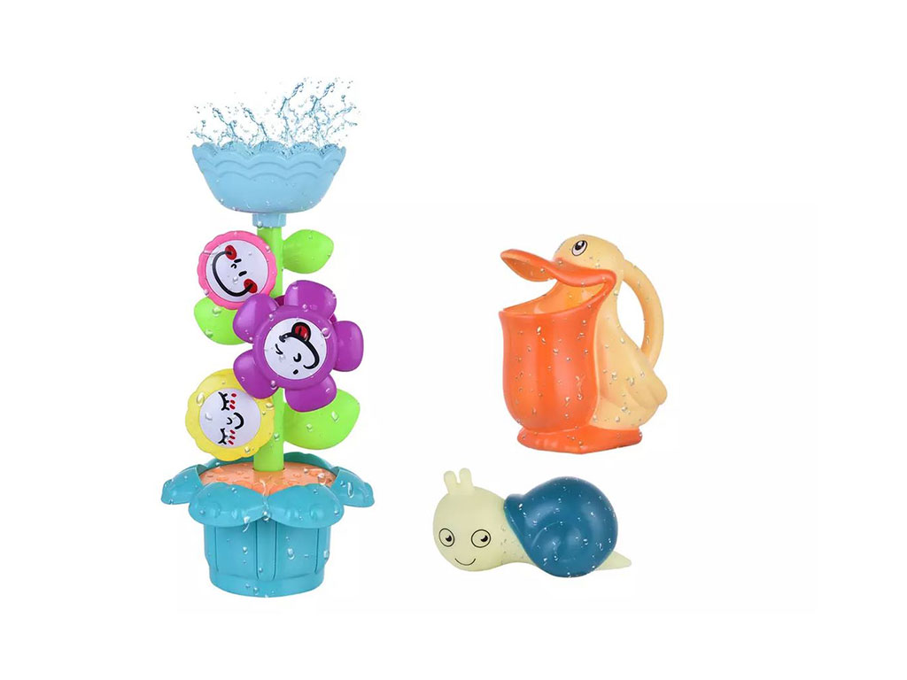 اسباب بازی حمام نوزاد مدل گلدان با گل های چرخان همراه با پوپت و پارچ اردک