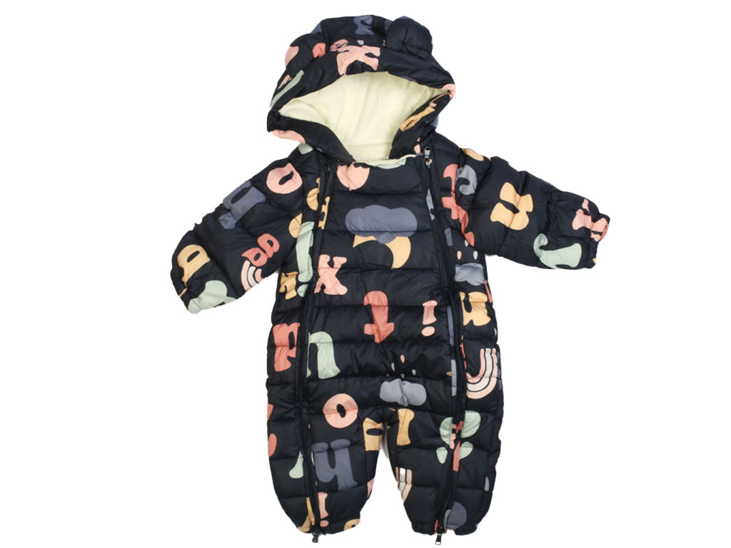 کاپشن سرهمی لاینردار توکرکی کلاه دار نوزادی سرمه ای رنگ طرح کلمات انگلیسی