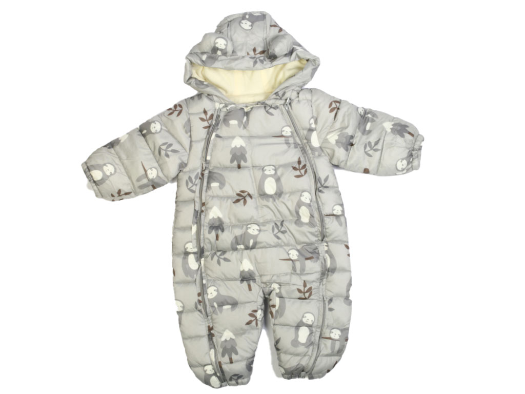 کاپشن سرهمی لاینردار توکرکی کلاه دار نوزادی طوسی رنگ طرح تنبل درختی