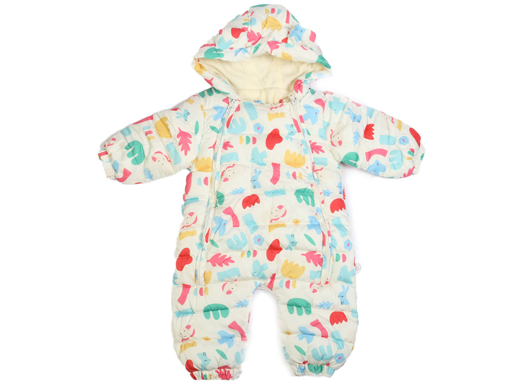 کاپشن سرهمی لاینردار توکرکی کلاه دار نوزادی سفید رنگ طرح حیوانات