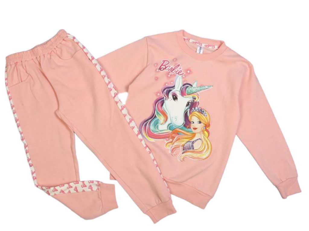 بلوز و شلوار راحتی دخترانه صورتی طرح باربی و اسب تک شاخ کیدومکس kido max