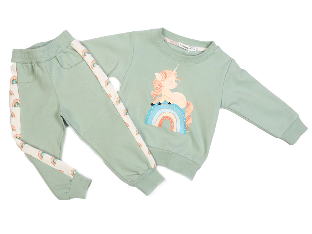 بلوز و شلوار راحتی دخترانه سبز رنگ طرح اسب تک شاخ کیدومکس kido max