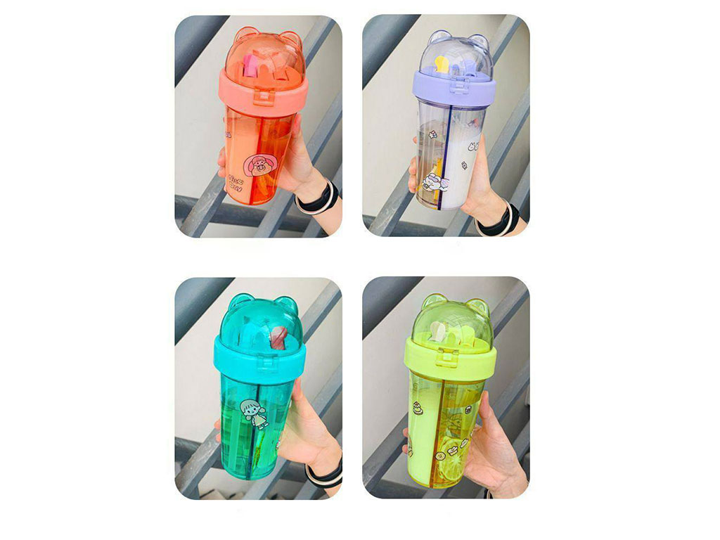 قمقمه نی دار دو قلو طرح خرس 420 میلی لیتر به همراه استیکر کودک