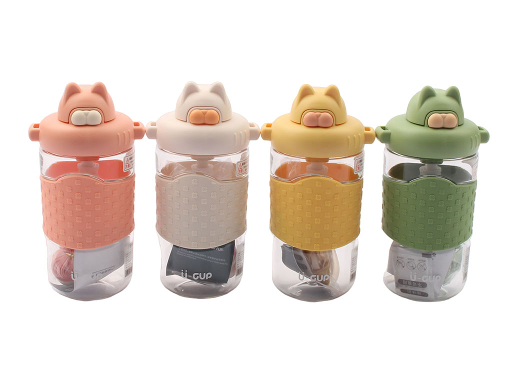 قمقمه نی دار دور سیلیکونی طرح گربه 480 میلی لیتر کودک