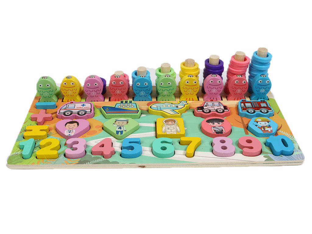 بازی آموزشی تخته چوبی لگاریتمی 5 در 1 (آموزش اعداد و ریاضی) همراه با کاتامینو مشاغل و وسایل نقلیه