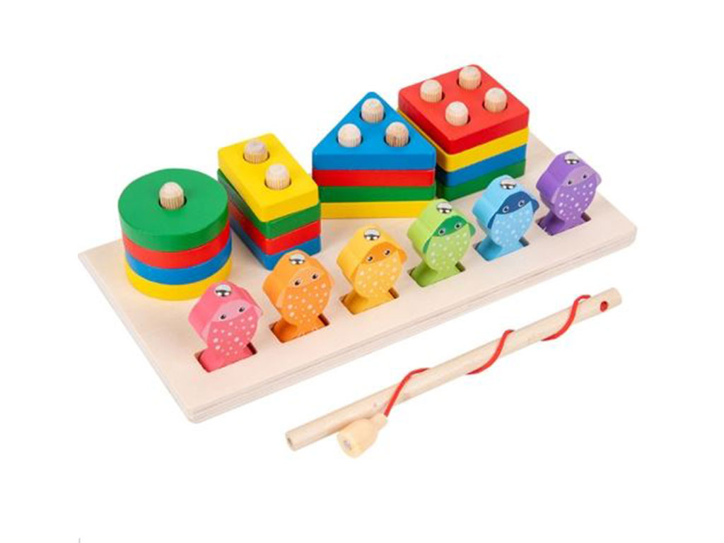 اسباب بازی دوکاره مونته سوری مستطیلی چوبی طرح اشکال هندسی و ماهیگیری مگنتی