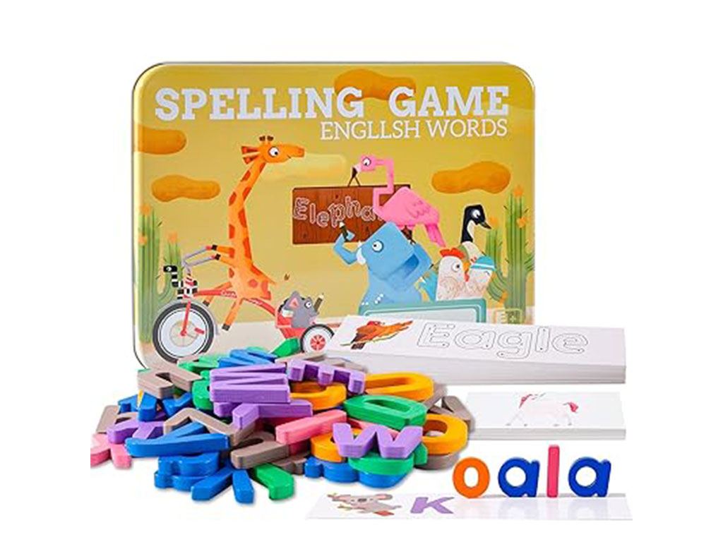 بازی آموزشی پازل جاگذاری حروف انگلیسی با حروف چوبی و فلش کارت دارای جعبه فلزی