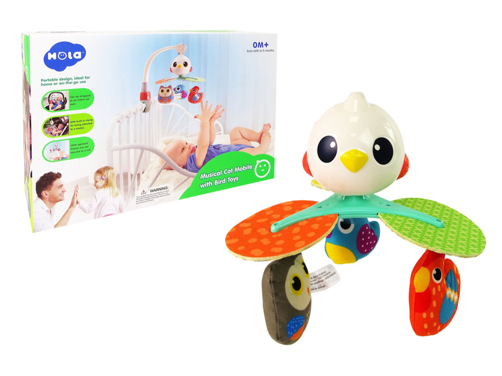 آویز تخت، کالسکه و کریر نوزادی موزیکال و گردان دارای عروسک پولیشی طرح پرندگان هولی تویز hola