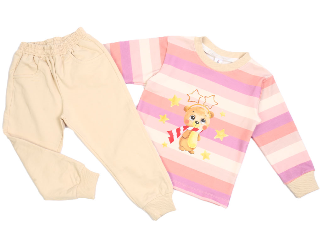 بلوز و شلوار راحتی دخترانه راه راه رنگی طرح خرس و ستاره کیدومکس Kido max