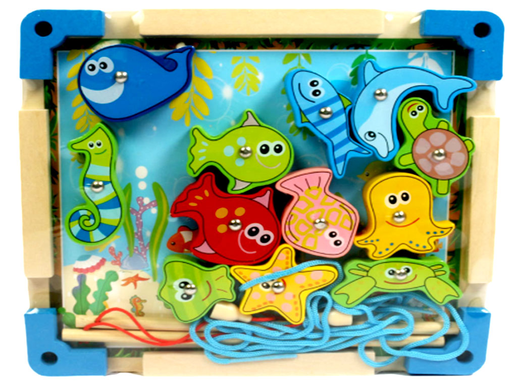 اسباب بازی دوکاره ماهیگیری چوبی مدل مگنتی و بازی نخ و شکل