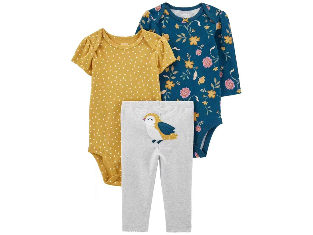 ست سه تکه بادی و شلوار دخترانه نوزادی طرح پرنده و گل های رنگی کارترز Carters