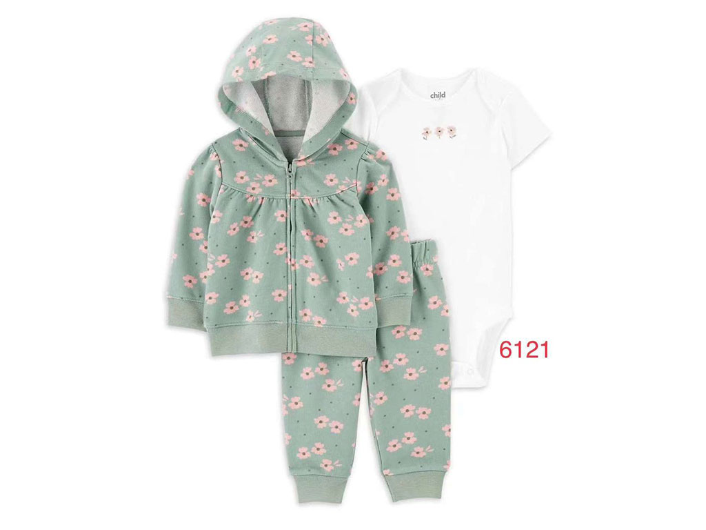 ست سه تکه سویشرت، بادی آستین بلند و شلوار دخترانه نوزادی طرح گل کارترز Carters