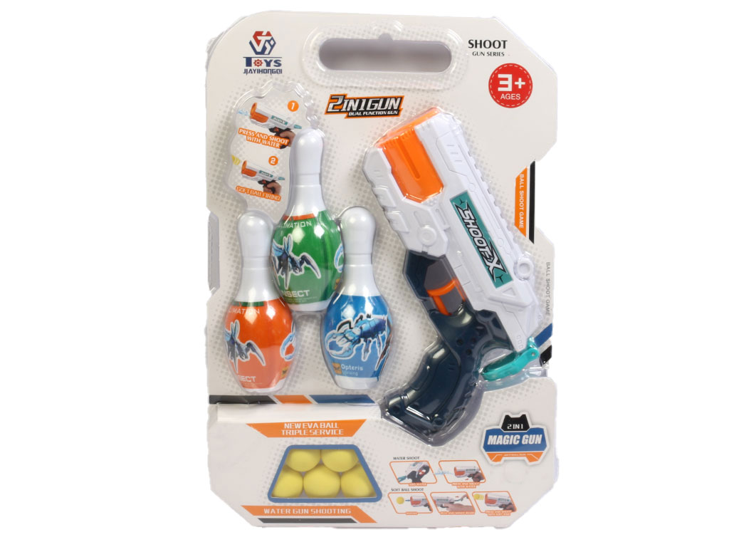 تفنگ دو کاره توپ پرتاب کن و آب پاش اسباب بازی همراه با سیبل طرح بولینگ