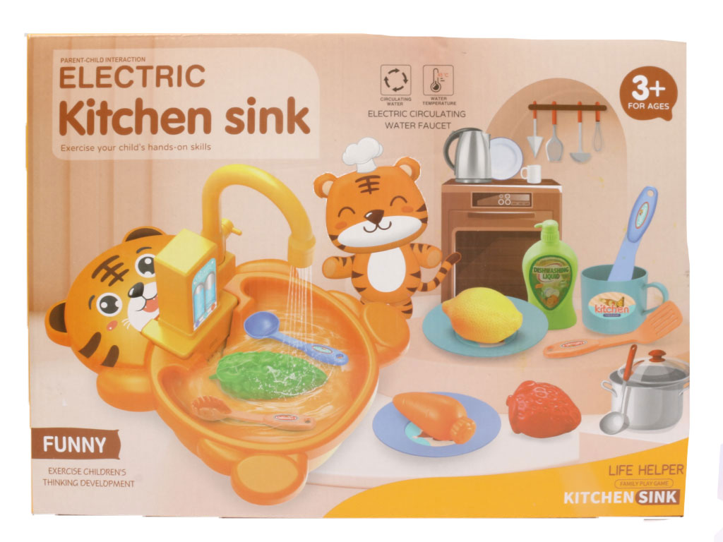 سینک ظرفشویی طرح ببر با شیرآب دارای پمپ همراه با لوازم آشپزخانه 14 قطعه اسباب بازی