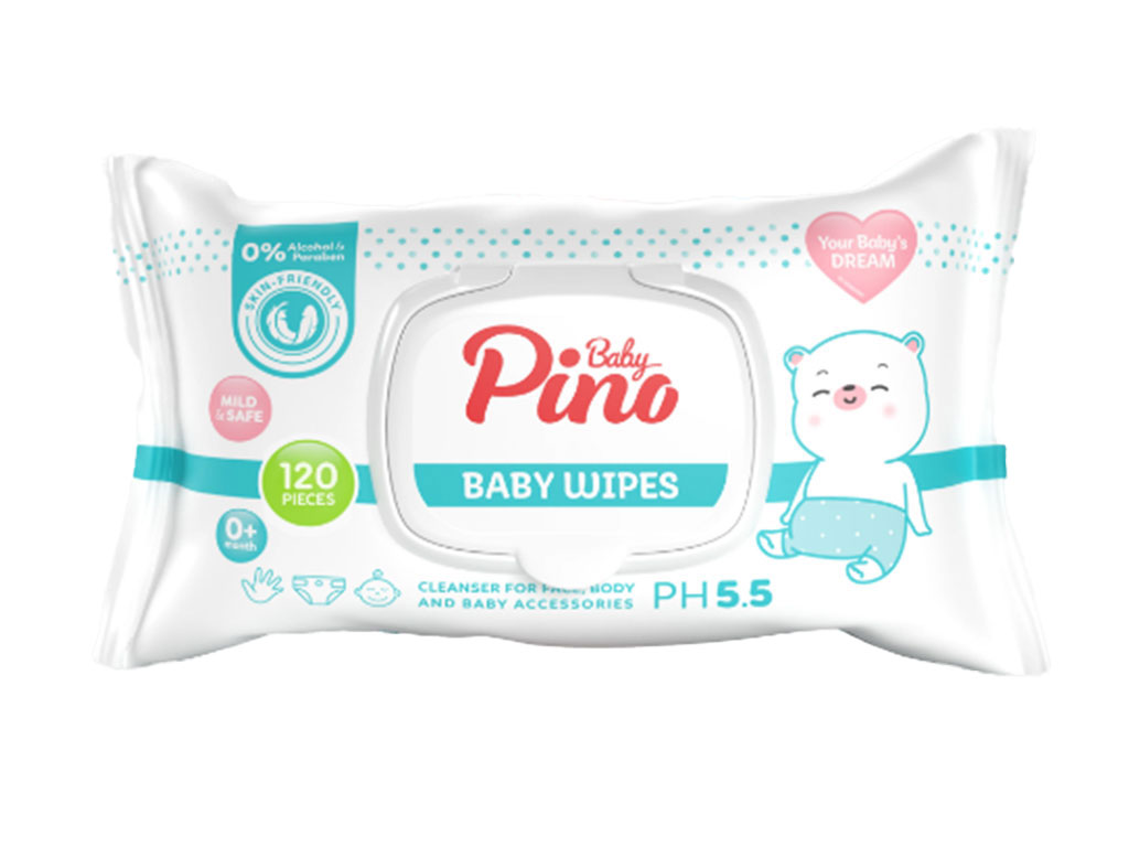 دستمال مرطوب آنتی باکتریال صورت و بدن نوزادی 120عددی پینو بیبی pino baby
