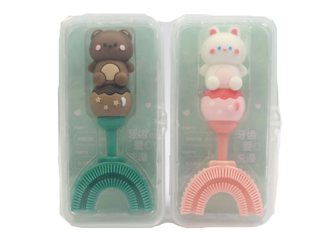 مسواک سیلیکونی چرخشی 360 درجه مدل U شکل طرح حیوانات قاب دار کودک