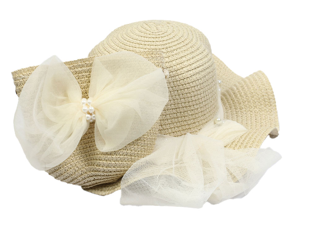 ست کلاه و کیف دخترانه مجلسی حصیری دارای پایپون توری و مروارید