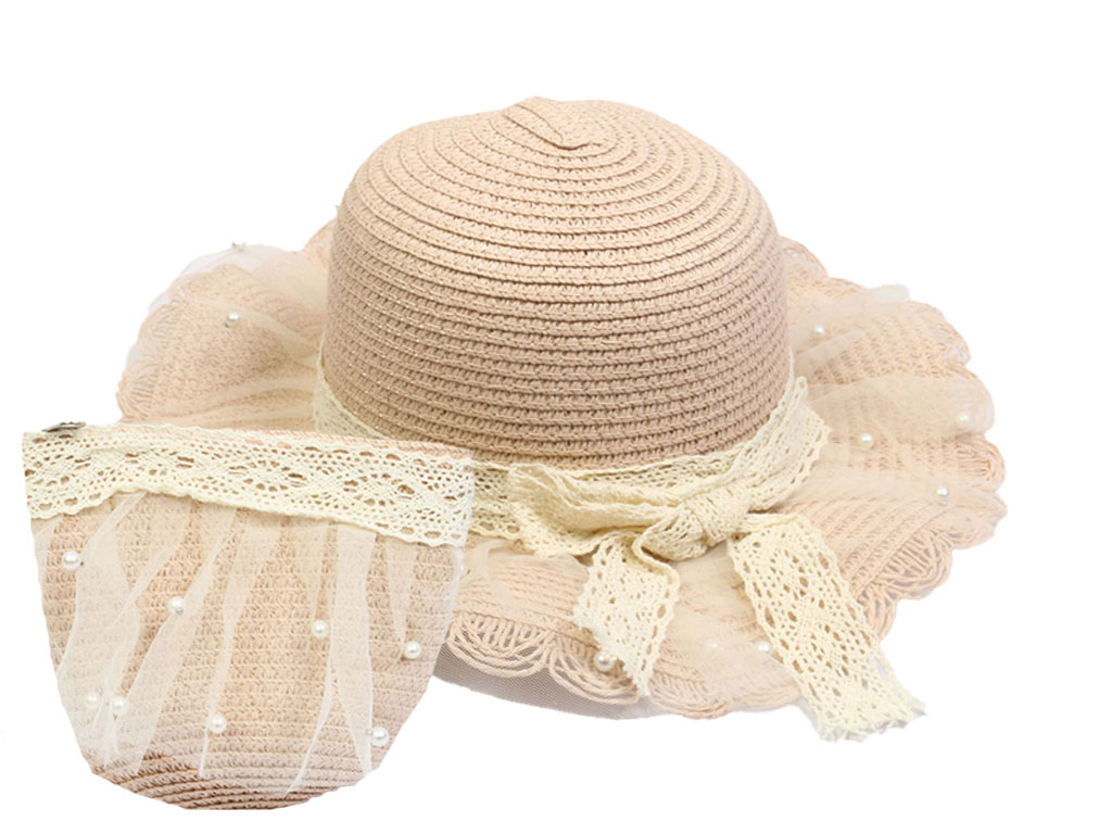 ست کلاه و کیف دخترانه مجلسی حصیری دارای تور و مروارید