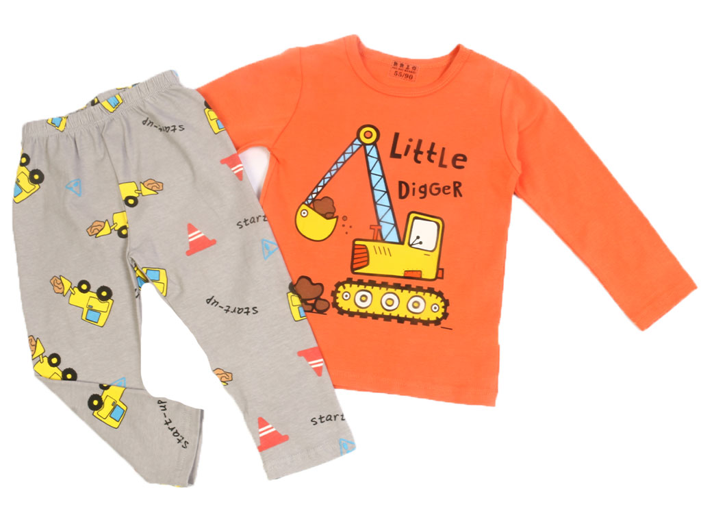 بلوز و شلوار راحتی پسرانه نارنجی پررنگ طرح ماشین حفاری