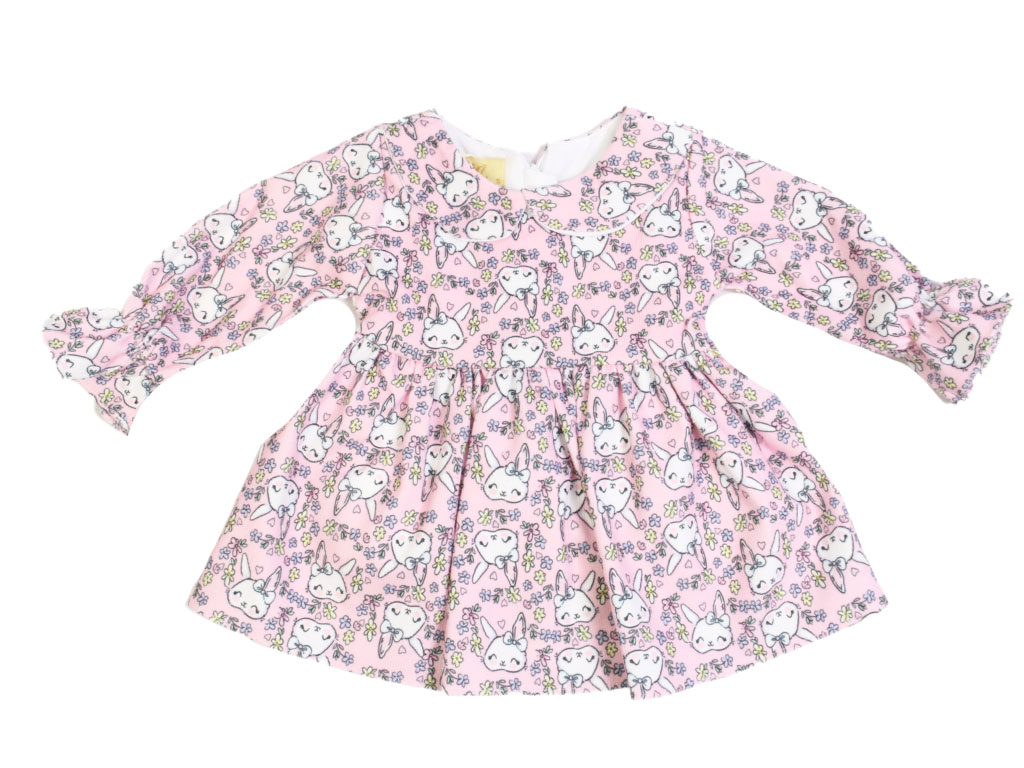 پیراهن آستین بلند دخترانه کبریتی صورتی رنگ طرح خرگوش