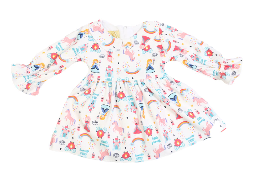 پیراهن آستین بلند دخترانه کبریتی سفید رنگ طرح اسب تک شاخ و پرنسس