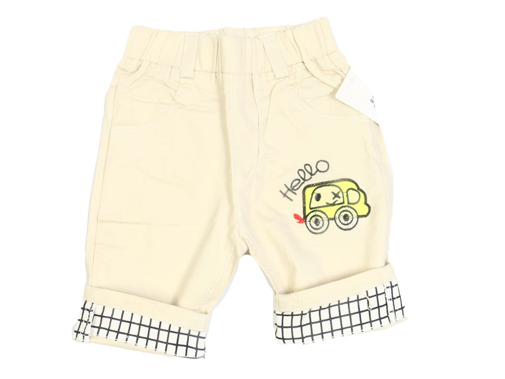 شلوارک کمرکش کتان پسرانه کرم رنگ طرح دار دارای کمربند