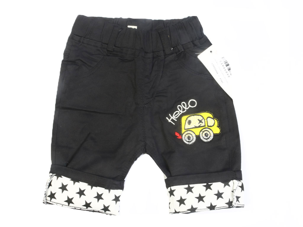 شلوارک کمرکش کتان پسرانه مشکی رنگ طرح دار دارای کمربند