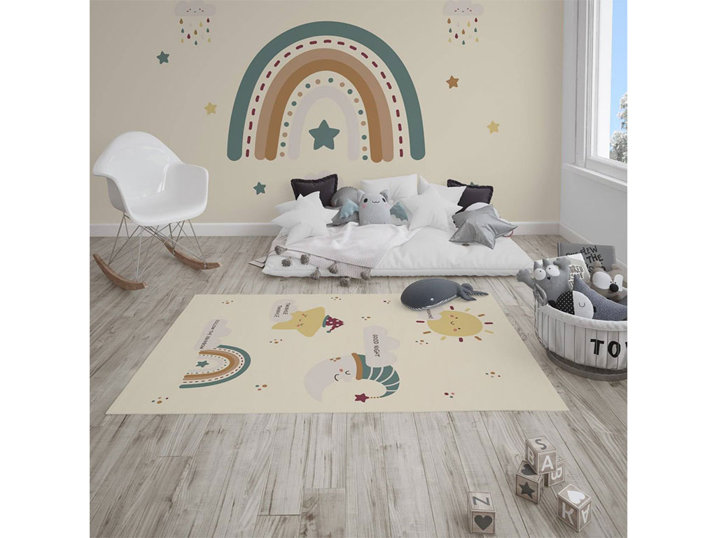 فرش ست لوازم اتاق کودک مدل تیپ 2 (سایز 145*100) طرح ستاره، خورشید، ماه و رنگین کمان