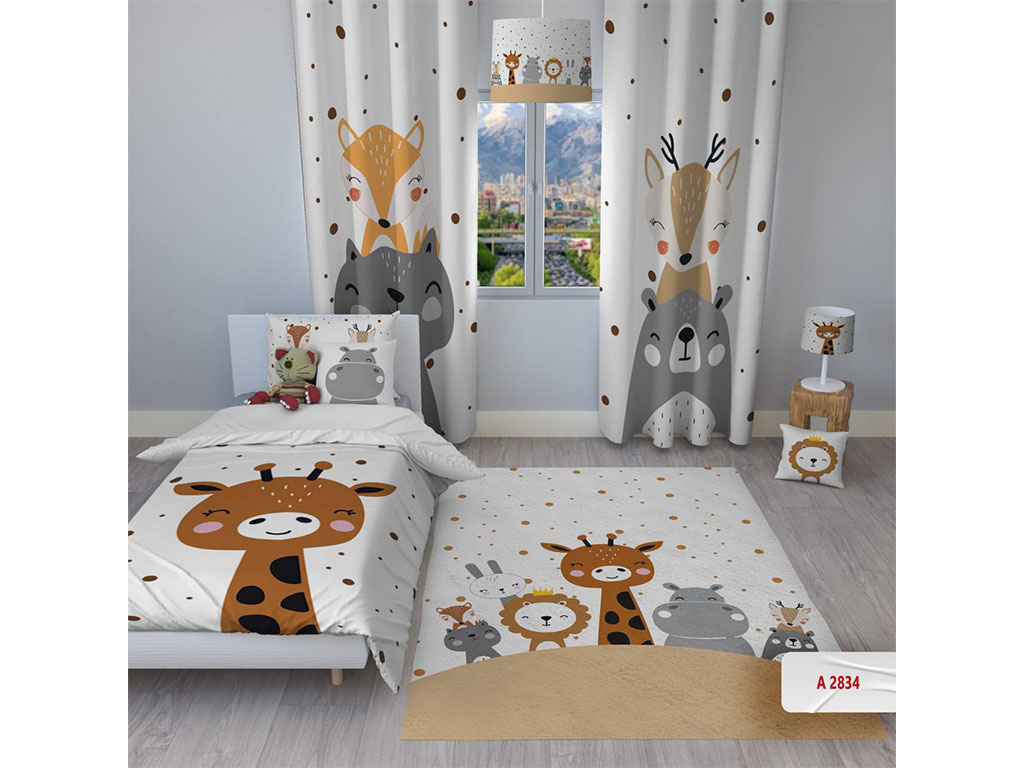 پرده پانچی ست لوازم اتاق کودک مدل مخمل با دوخت با 3 متر طول طرح حیوانات