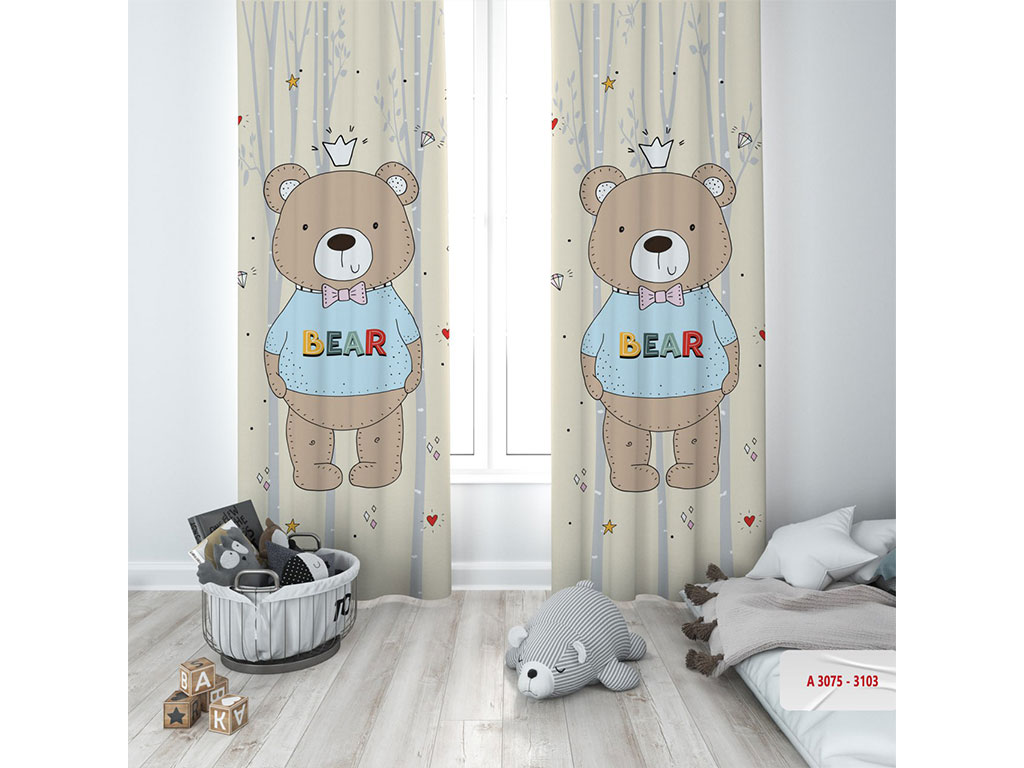 پرده پانچی ست لوازم اتاق کودک مدل مخمل با دوخت با 3 متر طول طرح تدی