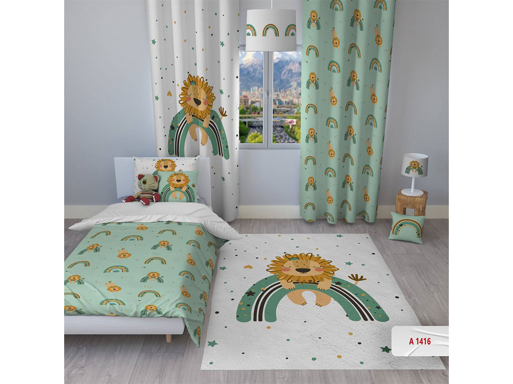 پرده پانچی ست لوازم اتاق کودک مدل مخمل با دوخت با 3 متر طول طرح شیر و رنگین کمان